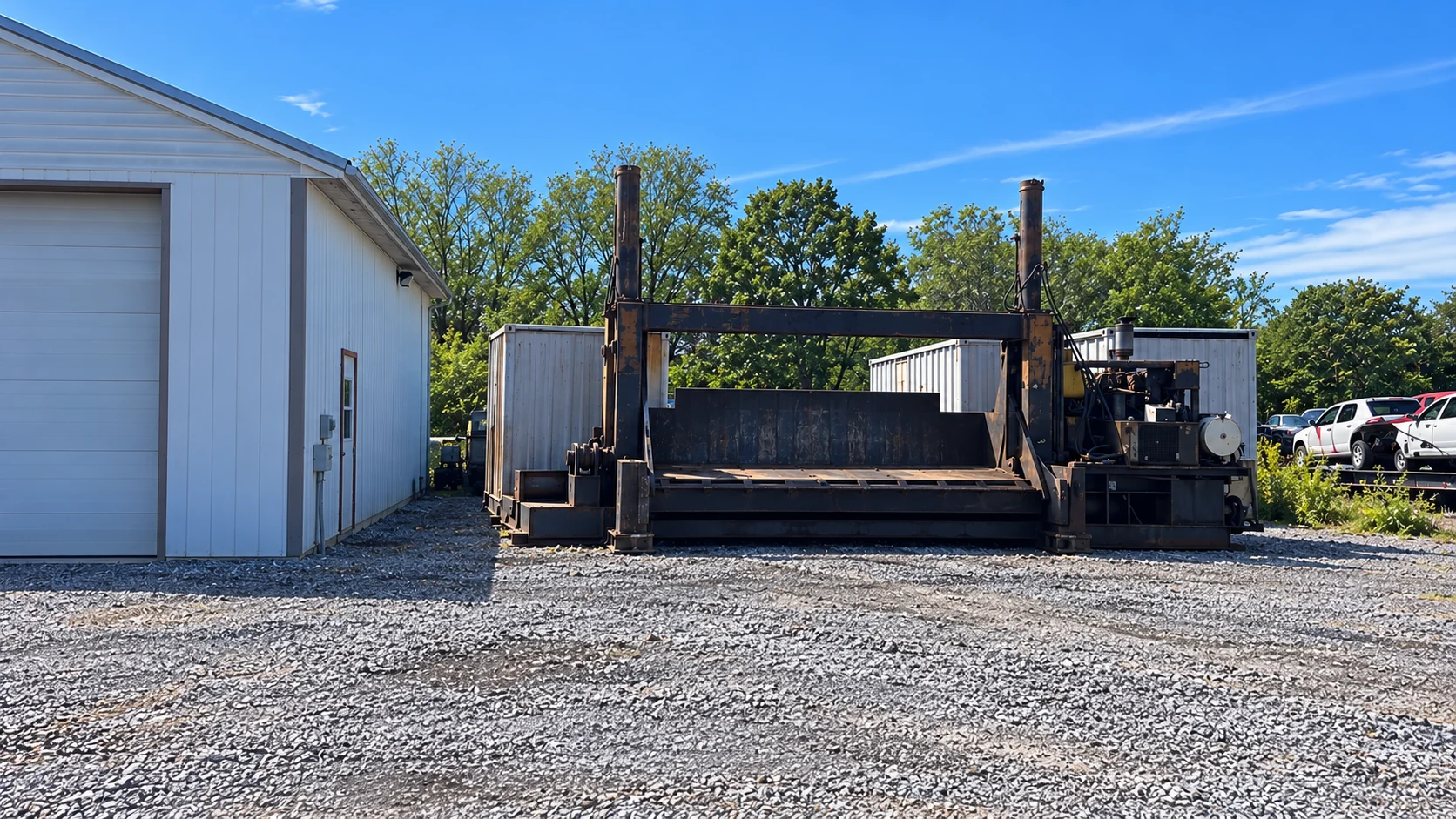 Car crusher beside the white garage at Eashs
