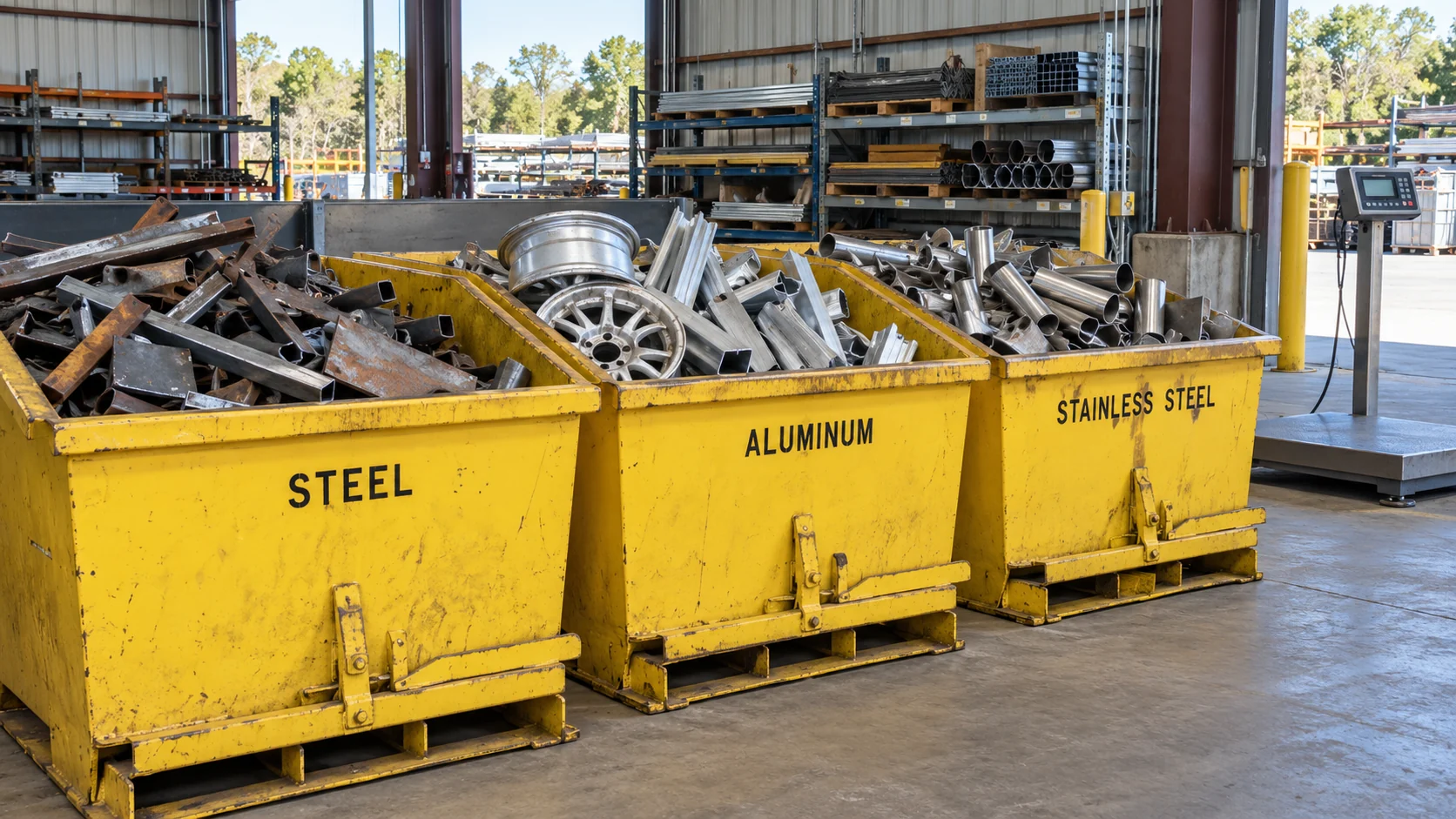 Bins for sorting steel, aluminum and stainless steel